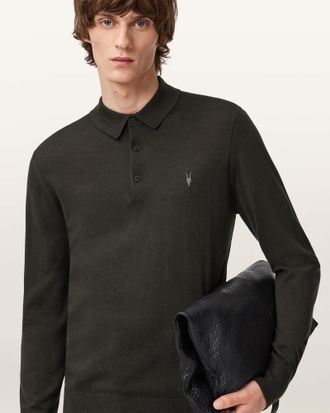 AllSaints Wool Mode Merino Long Sleeve Polo Shirt, Size: S
