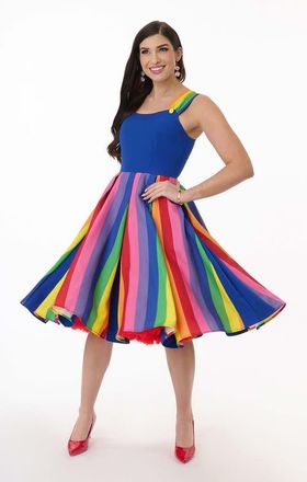 Unique Vintage Square Neck Sleeveless Godet Swing Dress in Blue Rainbow Stripes at Nordstrom, Size X-Small