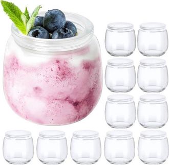 OEM Juego De 12 Tarros De Yogur De Cristal Peque&ntilde;os Con Tapa, De 200 Ml, Aptos Para Pudines, Yogur, Mermelada, Leche Y Postres