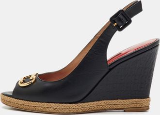 Carolina Herrera Black Leather Initials Insignia Slingback Wedge Sandals