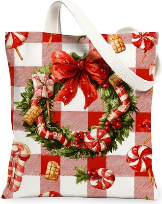 Generic Holiday Canvas Tote Bags, Candy Wreath Pattern Reusable Grocery Bags, Merry Lightweight Washable Shoulder Strap for Travel, Red, 13x15 Inch