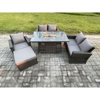 Fimous Rattan Outdoor Garden Furniture Gas Fire Pit Table Sets Gas Heater with Double Seat Sofa Armchair Big Footstool 6 Seater Dark Mixed Grey - Fimous