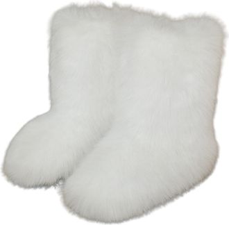 Generic Furry Faux Fur Boots for Women Colourful Winter Warm Soft Plush Snow Boots Fuzzy Fluffy Round Toe Suede Flat Shoes Outdoor Indoor Mid-Calf Boot White