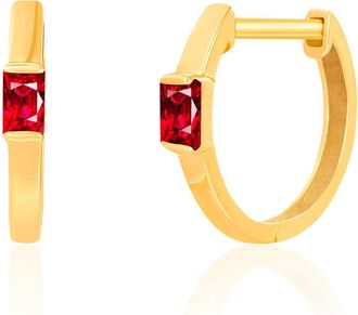 MAX + STONE Solid 10K Gold Baguette Cut Ruby Huggie Hoop Earrings
