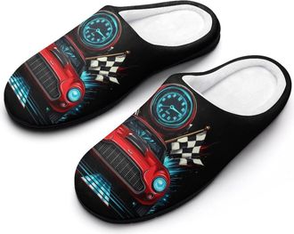 Generic Racinges-Car Black White Plaid Flag Womens Slippers Warm House Slippers Indoor House Shoes with Anti-Skid Rubber Sole