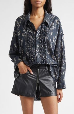 R13 Floral Print Ruffle Cotton Button-Up Shirt in Floral On Black at Nordstrom, Size X-Small