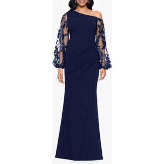 Betsy & Adam One Shoulder Sheer Embroidered Long Sleeve Sheath Gown in Navy at Nordstrom Rack, Size 8