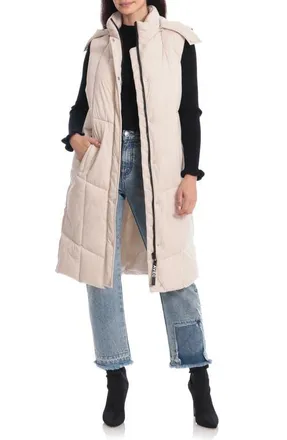 Avec Les Filles Thermalpuff Longline Hooded Puffer Vest in Buff at Nordstrom, Size Large