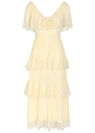 Self Portrait Tiered Lace-trim Pliss&eacute; Chiffon Midi Dress - Yellow - 12 (UK12 / M)