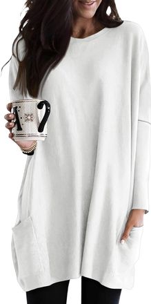 Generic Womens Long Sleeve Oversized Tunic Top Loose Fit Casual Blouse with Pockets Relaxed Lagenlook Tunic Dress for Leggings Soft Everyday Long Shirt Comfor