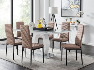 Furniturebox Giovani 6-Seater Grey Glass Dining Table & 6 Milan Faux Leather Dining Chairs in Beige