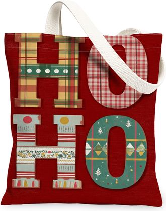 Generic Festive Red Canvas Tote Bags, Decorative Letter Pattern Reusable Grocery Bags, Holiday Vintage Lightweight Washable Shoulde, Red, 13x15 Inch