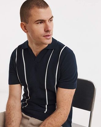 Jacamo Stripe Open Neck Knitted Polo
