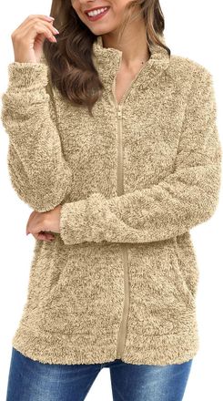 Generic Coat Women Womens Fleece Jacket Teddy Fluffy Full Zip Coats Fuzzy Winter Cardigan Casual Plain Warm Hoodies Sherpa Wool Jumpers with Pockets