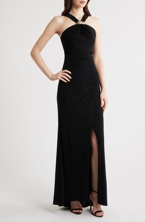 Eliza J Halter Neck Ruched Mermaid Gown in Black at Nordstrom, Size 14