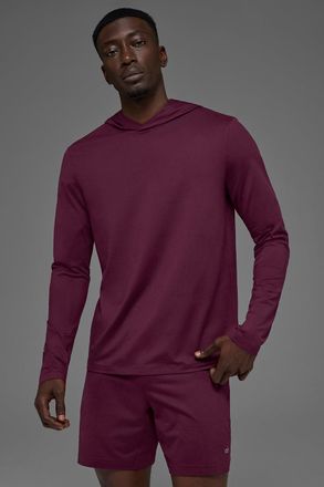 Alo | Conquer Reform Long Sleeve With Hood Top in Burgundy Red, Size: 2XL