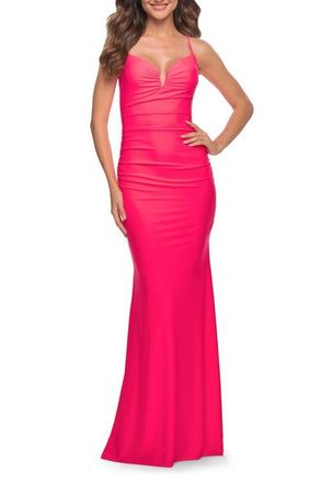 La Femme Neon Stunning Luxe Jersey Dress with Deep V Neckline in Neon Pink at Nordstrom, Size 12