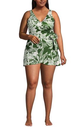 Lands End Plus Size Side Tie Mini Swim Dress Swimsuit in Fusion Green Etched Leaves at Nordstrom, Size 20W