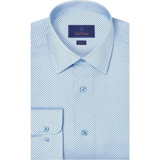 David Donahue Trim Fit Geometric Cotton Dress Shirt in White/Sky at Nordstrom, Size 15.5 - 32