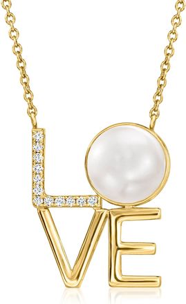 Ross-Simons 11-11.5mm Cultured Pearl and. Diamond Love Necklace in 18kt Gold Over Sterling
