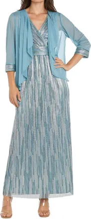 R & M Richards Metallic Platter Dress With Removable Sheer-Sleeve Jacket Set In Slate