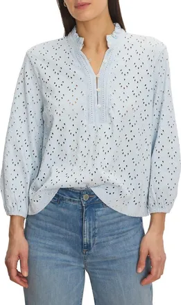Nic+Zoe Eyelet Embroidered Ruffle Trim Cotton Top in Crystal at Nordstrom, Size Xx-Large