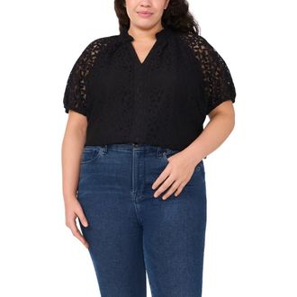 CeCe by Cynthia Steffe Raglan Sleeve Lace Top in Rich Black at Nordstrom, Size 2X