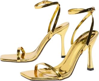 Generic Women Patent Leather High Heel Sandals Square Toe Ankle Strap Wedding Dress Shoes Gold