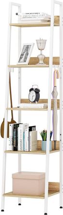 Woltu Woltu - Escalera Estanter&iacute;a Blanca De Estilo Industrial Estanter&iacute;a Almacenaje De Madera Y Metal Con 4 Ganchos Extra&iacute;bles Librer&iacute;a De 5 Niveles Para Sa