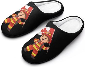 Generic Cartoon Fireman Firefighter Canada Flag Mens House Slippers Memory Foam Washable Cotton Slip on Home Shoes