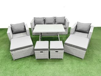 Fimous 8 Pieces Outdoor PE Rattan Sofa Armchair Set with 4 Stools Light Grey
