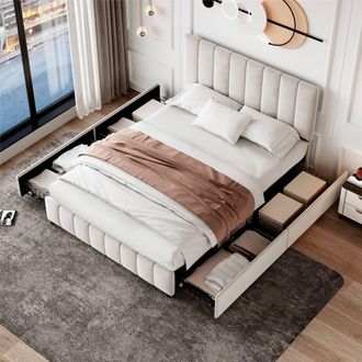 Merax 4ft6 Double Velvet Bed with 4 Drawers & Channel-Tufted Headboard in Beige