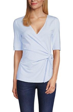 Lands End Elbow Sleeve Lightweight Jersey Side Tie Blouse in White/periwinkle Tiny Stripe at Nordstrom, Size X-Large P