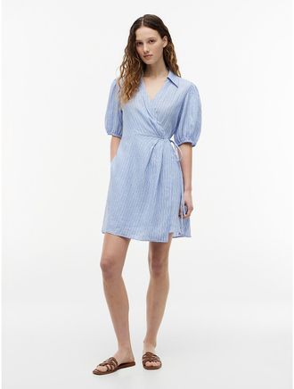 Tommy Hilfiger Womens Striped Linen Mini Wrap Dress - Blue - 10