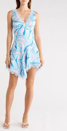 Avec Les Filles Lace Trim Bias Cut Satin Minidress in Mermaid Paisley at Nordstrom, Size 14