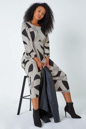 Roman Linear Print Midi Stretch Dress