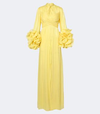 Costarellos Floral-appliqu&eacute; plated Lurex georgette gown