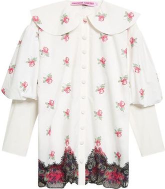 Chopova Lowena Pick-Ups Lace Trim Floral Cotton Shirt in White Multi at Nordstrom, Size X-Large
