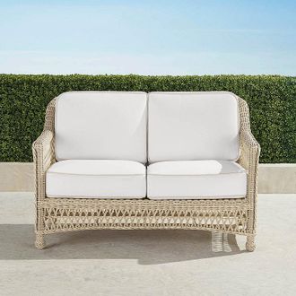 Frontgate Hampton Loveseat in Ivory Wicker - Standard, Sailcloth Cobalt with Natural Piping - Frontgate