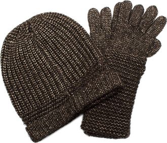Ralph Lauren Brown Metallic Wool Blend Beanie and Gloves