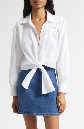 Cinq &agrave; Sept Marianna Crunchy Flower Appliqu&eacute; Tie Front Shirt in White at Nordstrom, Size X-Small