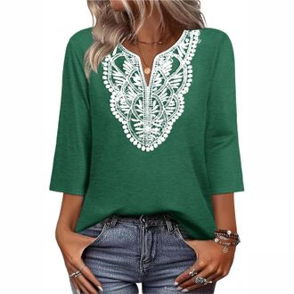 Generic Womens Tops 2026 Fashion 3/4 Sleeve Tops Elegant V Neck Lace-Trimmed Top Ladies Summer Embroidered Boho T Shirt Casual Vintage Blouse Green M 3