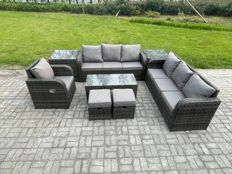 Fimous Outdoor Sofa Set 9 Seater Rattan Garden Furniture Set with Rectangular Coffee Table 2 Small Footstools 3 Seater Sofa 2 Side Tables in Dark Grey