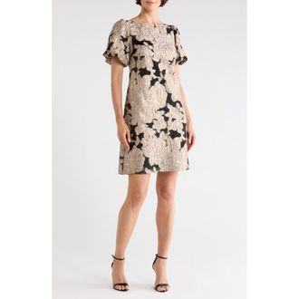 Connected Lurex Jacquard Puff Sleeve Shift Dress in Black/Taupe at Nordstrom Rack, Size 12