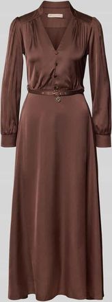 Rinascimento Rinascimento Abendkleid aus Satin mit V-Ausschnitt und Gürtel in Dunkelbraun, Größe XL