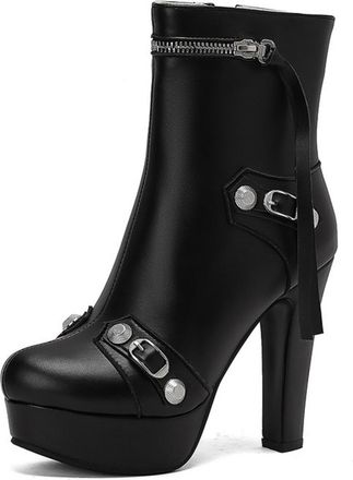 Generic Womens Faux Leather Ankle Boots Buckle Round Toe Platform High Heel Stud Detail Zip Closure Tassel Accent Stylish For Evening Party Night Out,Black,6.