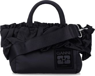 Ganni Black Nylon Ruffled Top Handle Bag