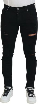Dolce & Gabbana Zwarte Slim Fit Gescheurde Denim Katoenen Jeans - Heren - Slim Fit Jeans - Zwart - M - Katoen - Jeans
