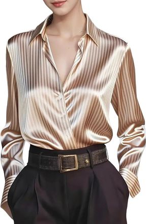 Generic Women Satin Blouse Vintage Floral Print Button Down Long Sleeve Collared Shirts Elegant Smart Going Out Top(Z01-Champagne, S)