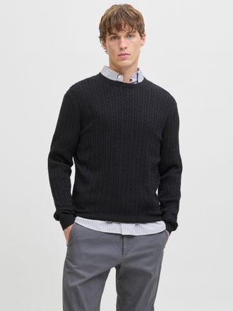 Jack & Jones Strickpullover JACK & JONES JJEEMIL KNIT CABLE CREW NECK NOOS, Herren, Gr. M, schwarz, Strick, Obermaterial: 60% Baumwolle, 20% Nylon, 20% Viskose, un